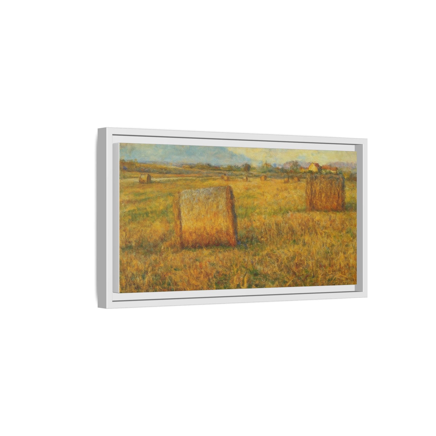 Framed matte canvas wall art featuring a rustic hayfield landscape print by Printify, ideal for home or office decor.