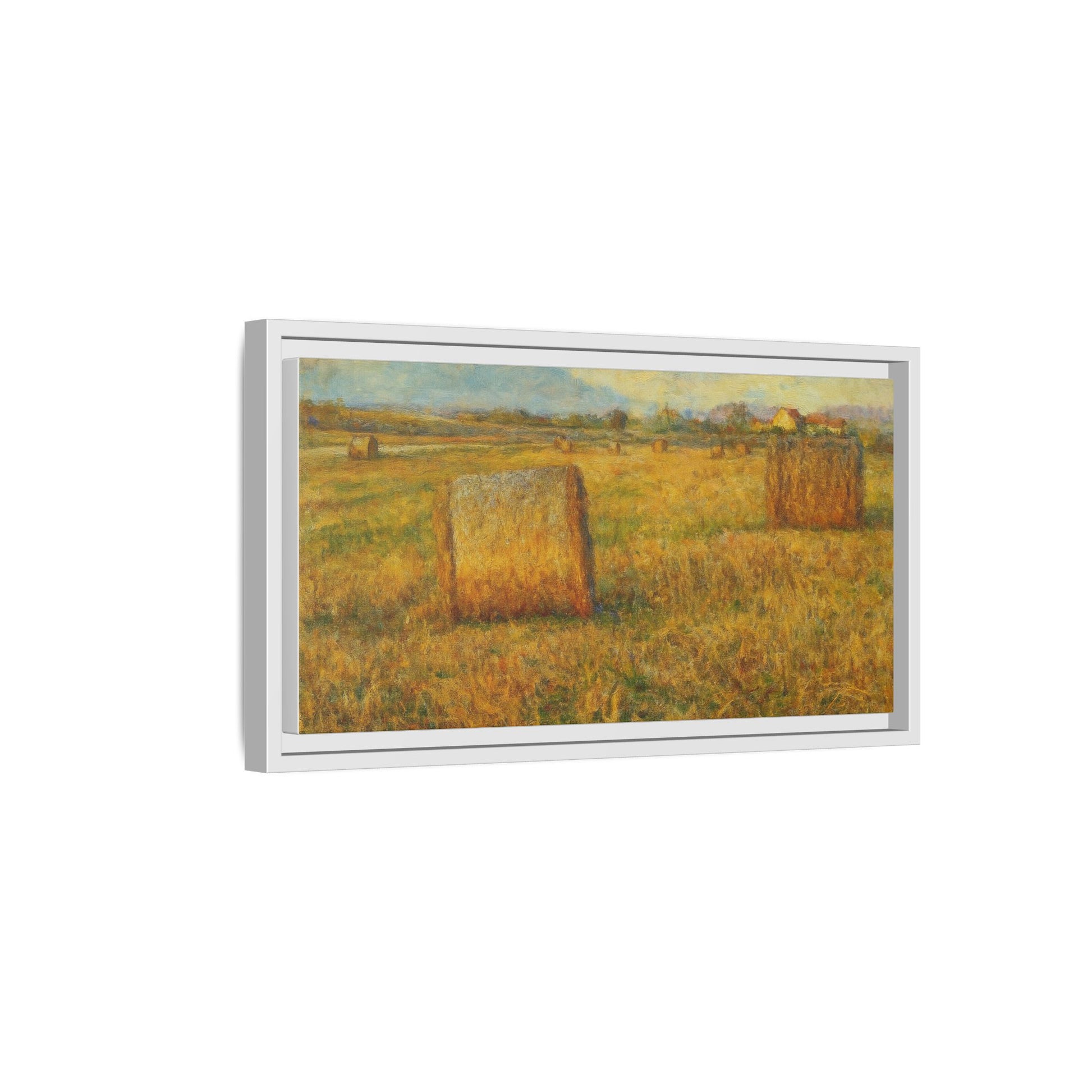 Framed matte canvas wall art featuring a rustic hayfield landscape print by Printify, ideal for home or office decor.