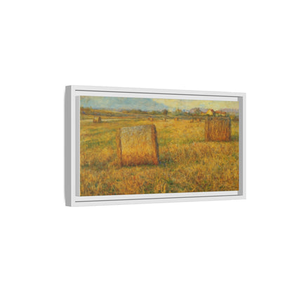 Framed matte canvas wall art featuring a rustic hayfield landscape print by Printify, ideal for home or office decor.