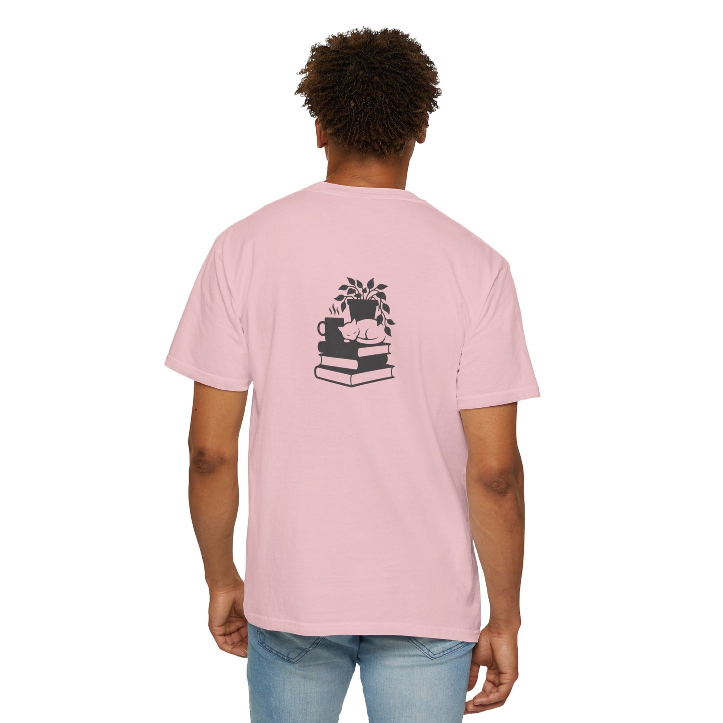 Cozy Cat on Books T-Shirt | Reading Tea Stack Illustration