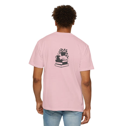Cozy Cat on Books T-Shirt | Reading Tea Stack Illustration