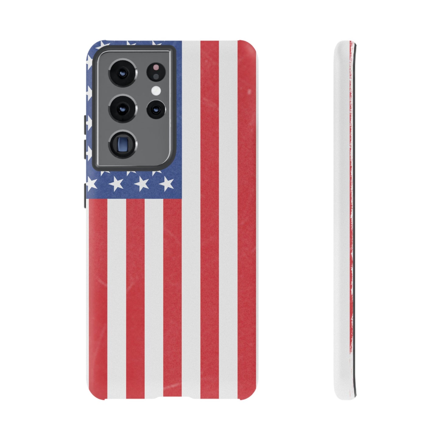 American flag tough phone case for iPhone and Samsung, patriotic protective cover with bold flag design by Printify.