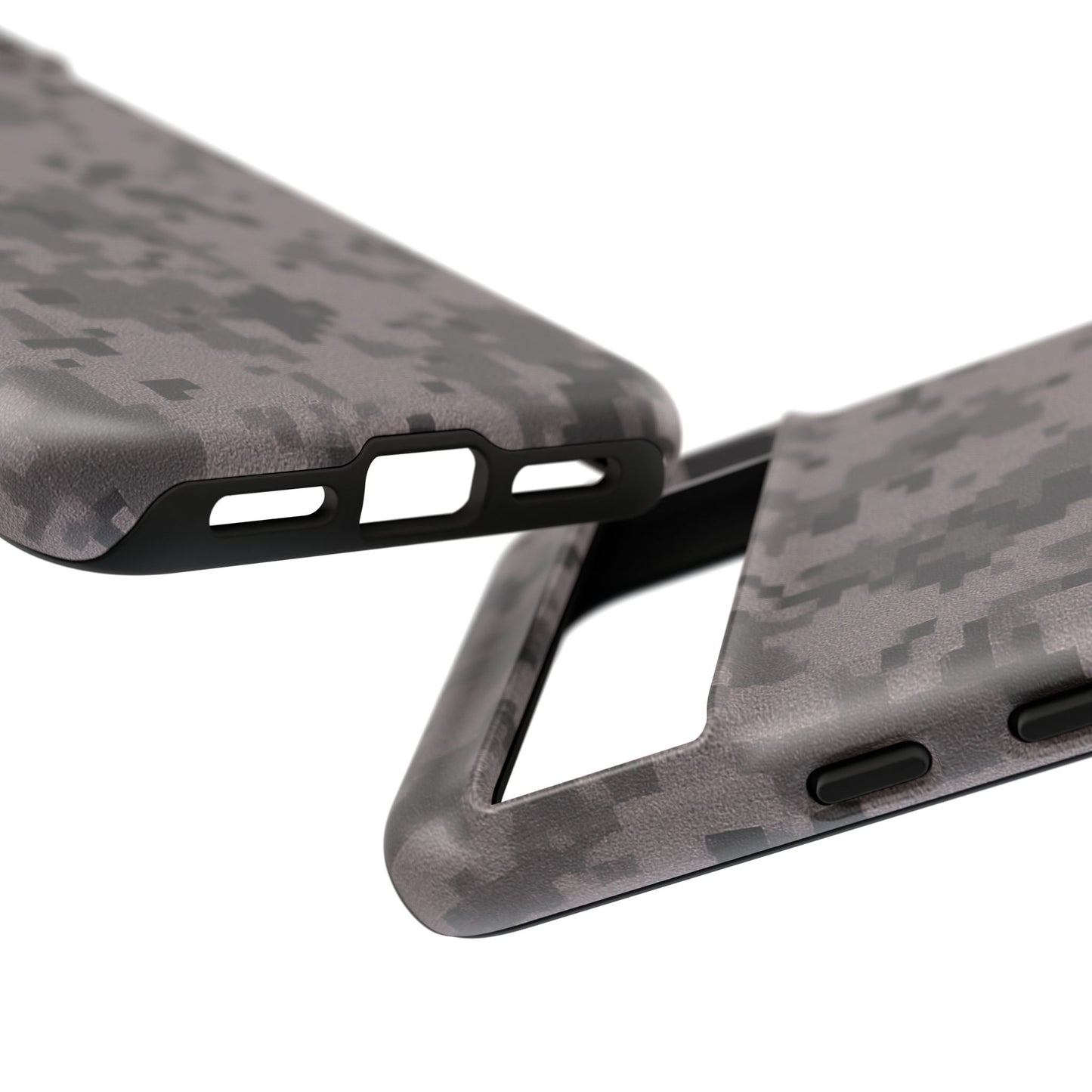 Gray digital camouflage phone case by Printify, showcasing a tough protective cover with a modern camouflage design.