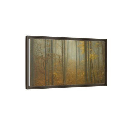 Framed matte canvas print of misty autumn forest wall art by Printify, showcasing vibrant fall trees and serene woodland scene.