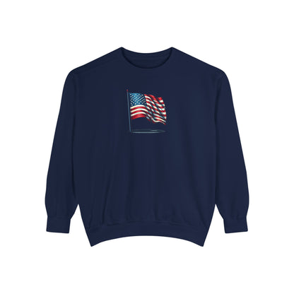 Patriotic Unisex Garment-Dyed Sweatshirt with Vintage American Flag, Cozy Fall Outfit, Statement Sweater, Gift for Veterans, Casual Fashion - TRV
