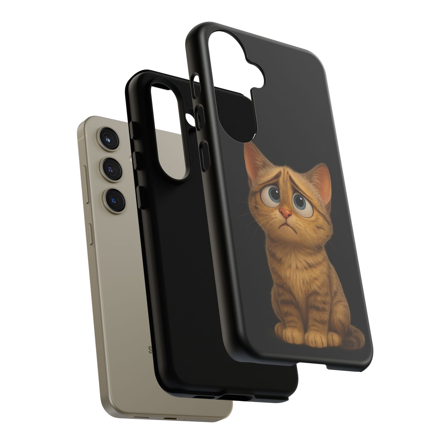 Cute sad kitty design on Printify iPhone case, protective cat phone case with a whimsical, sad kitten illustration.