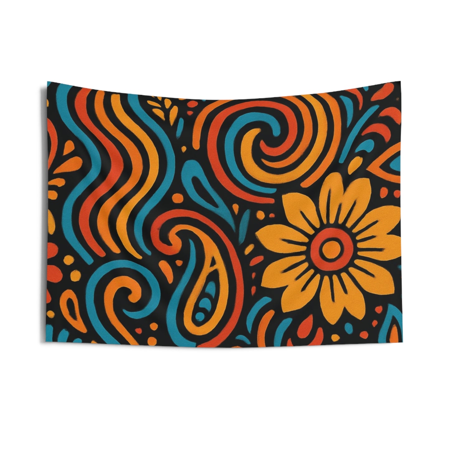 Boho Floral Tapestry — Retro Swirl Wall Hanging (Orange, Teal, Yellow)