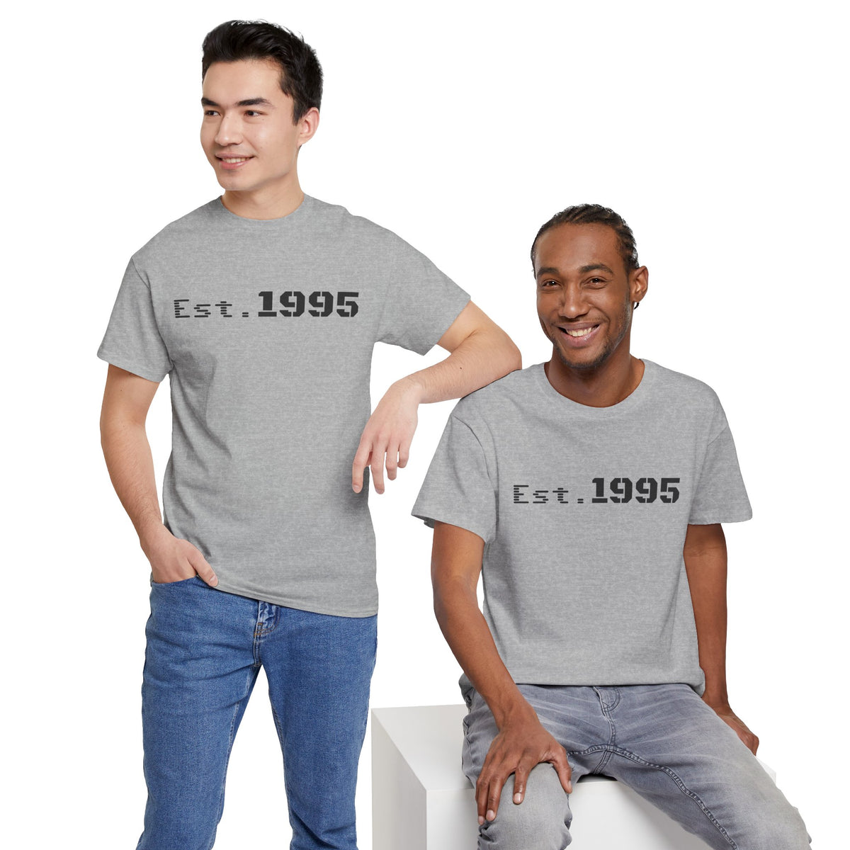 White vintage-style T-shirt with "Est. 1995" and minimalist design, ideal for birthdays or casual wear, by Printify.
