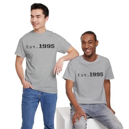 White vintage-style T-shirt with "Est. 1995" and minimalist design, ideal for birthdays or casual wear, by Printify.