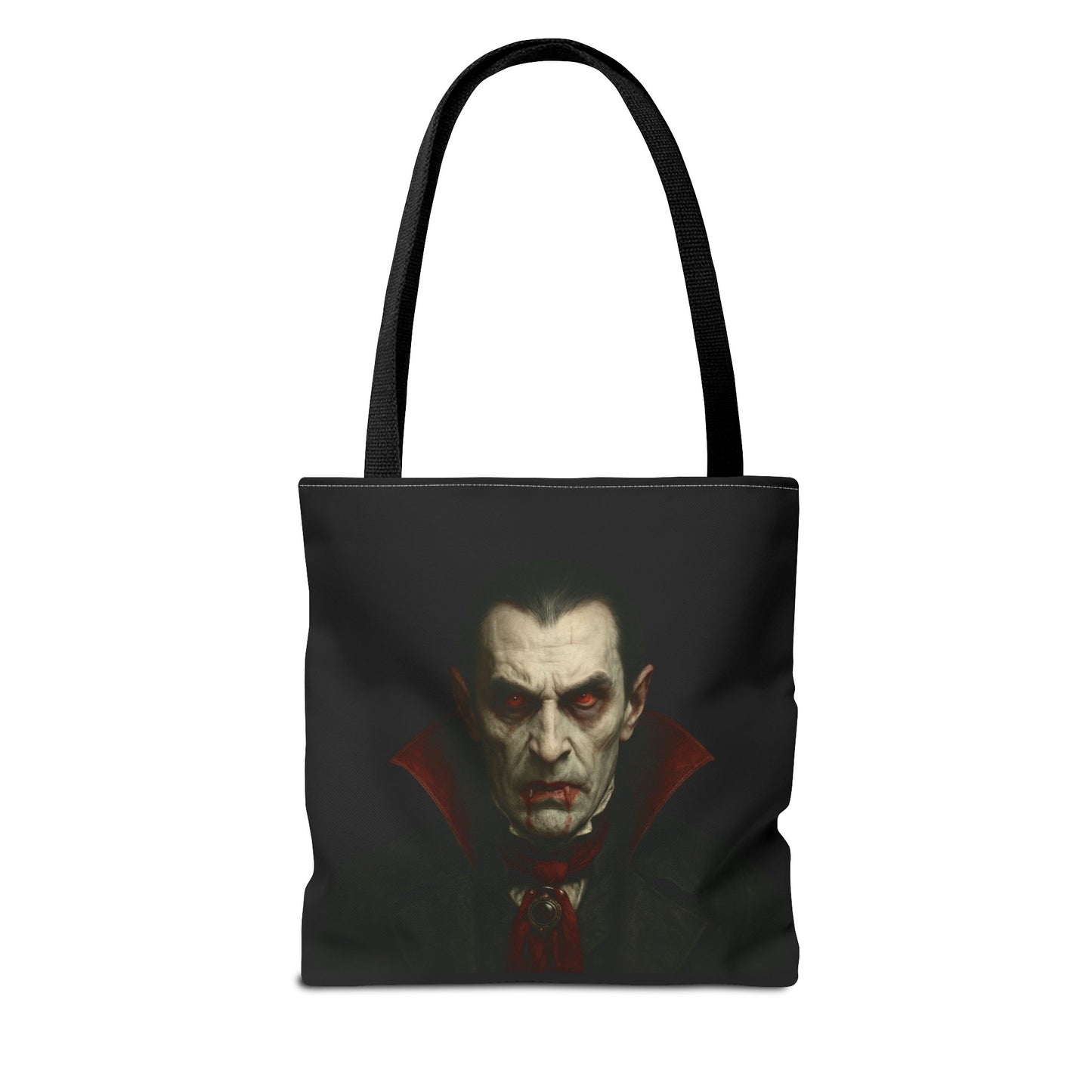 Black vampire tote bag with spooky gothic Halloween design, Printify bags accessory for festive or gothic fashion styles.