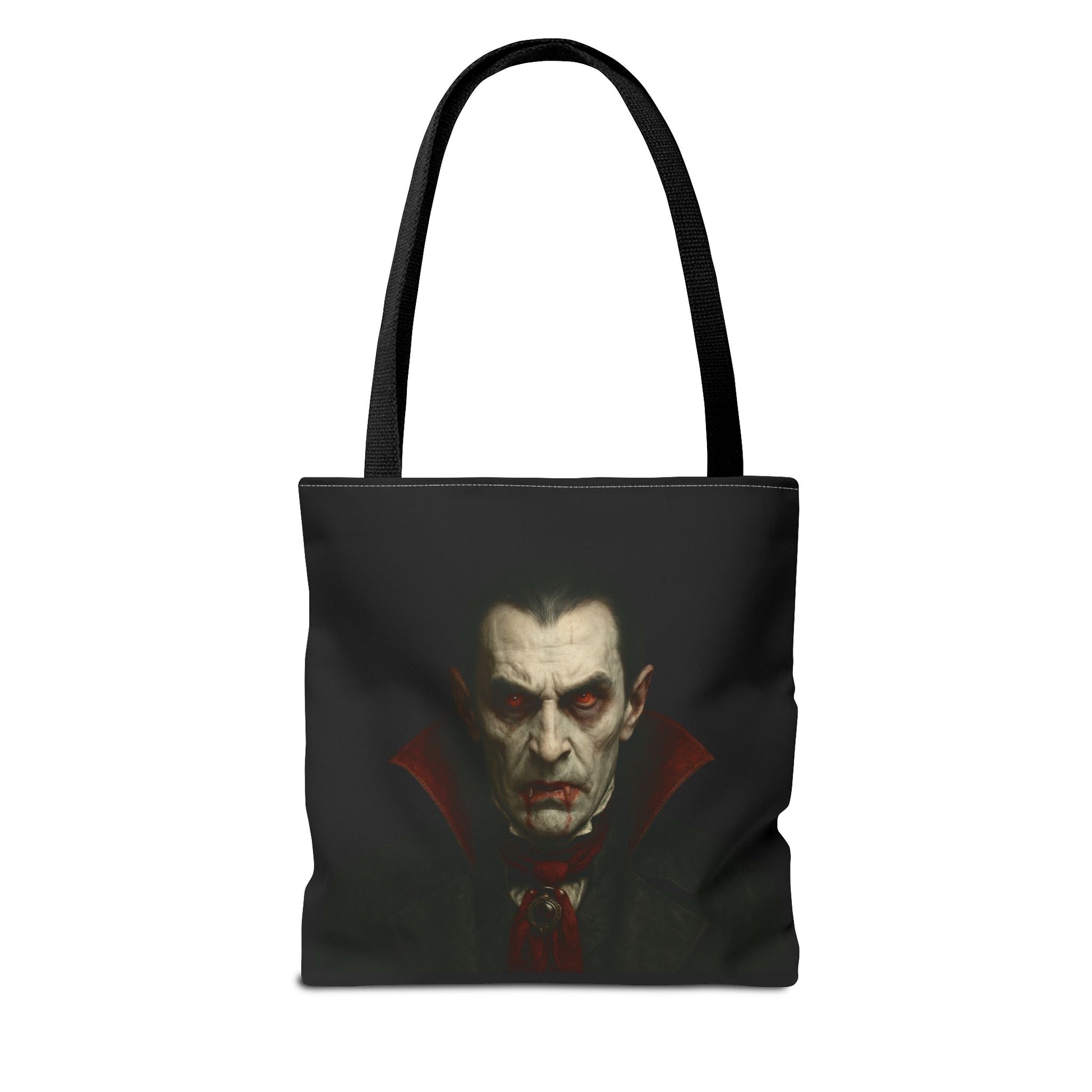 Black vampire tote bag with spooky gothic Halloween design, Printify bags accessory for festive or gothic fashion styles.