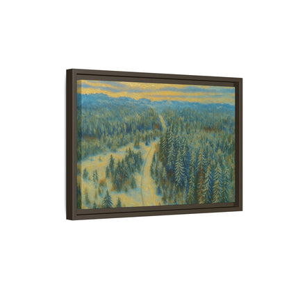 Framed matte canvas print of a serene winter forest landscape by Printify, showcasing detailed trees and snow-covered scenery.