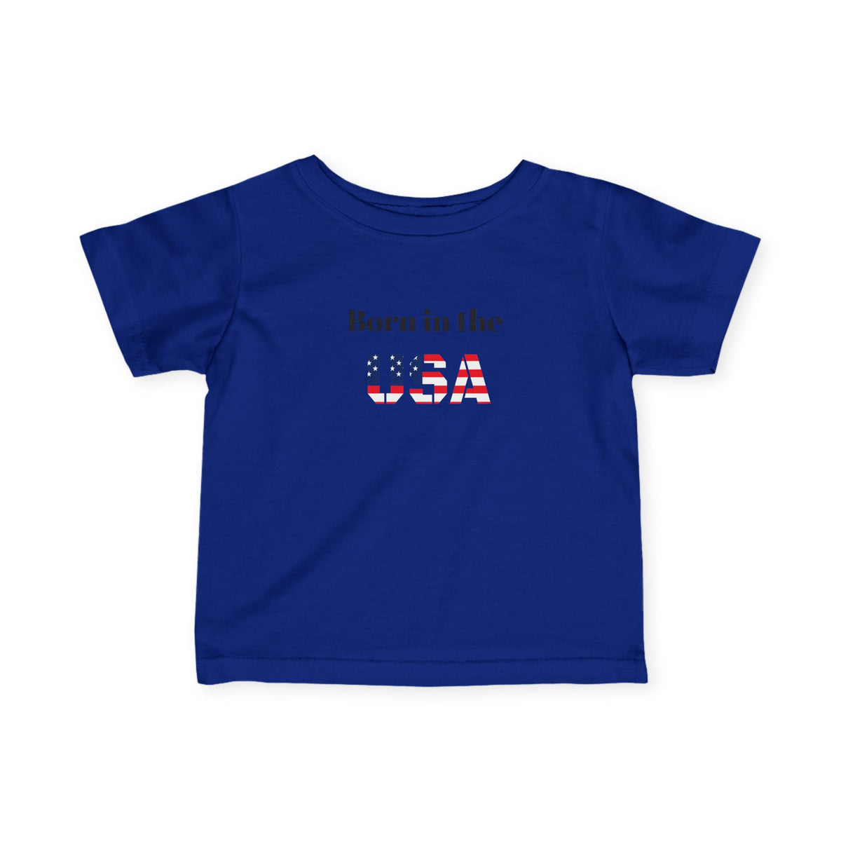 Baby boy wearing a patriotic "Born in the USA" infant t-shirt, red, white, and blue kids clothing from Printify.