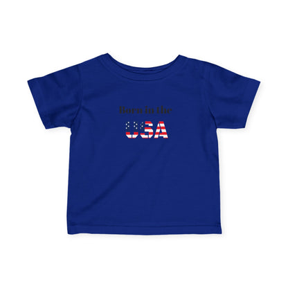 Baby boy wearing a patriotic "Born in the USA" infant t-shirt, red, white, and blue kids clothing from Printify.