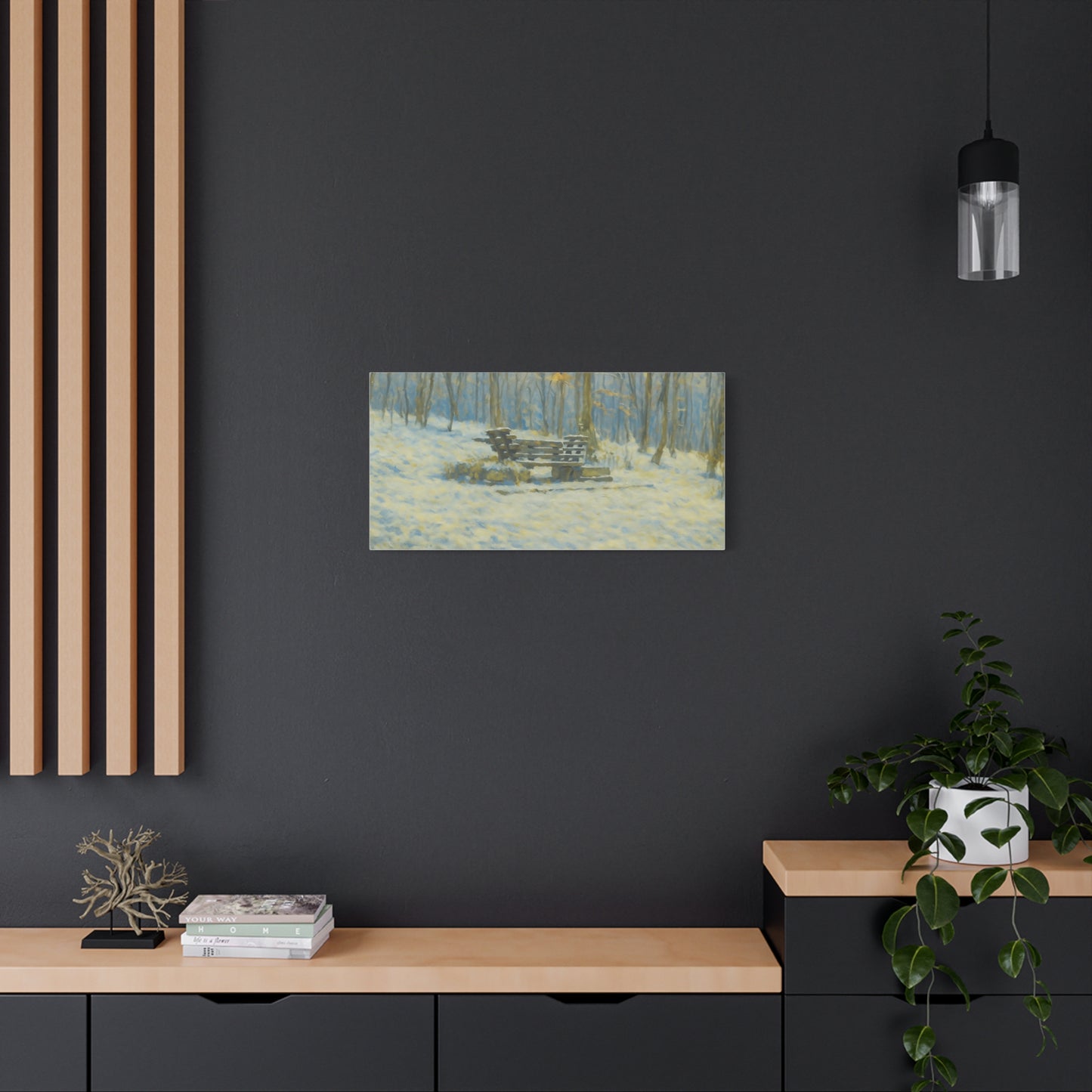 Snowy park bench matte canvas print featuring winter woodland scene, stretched 1.25 inches, by Printify.