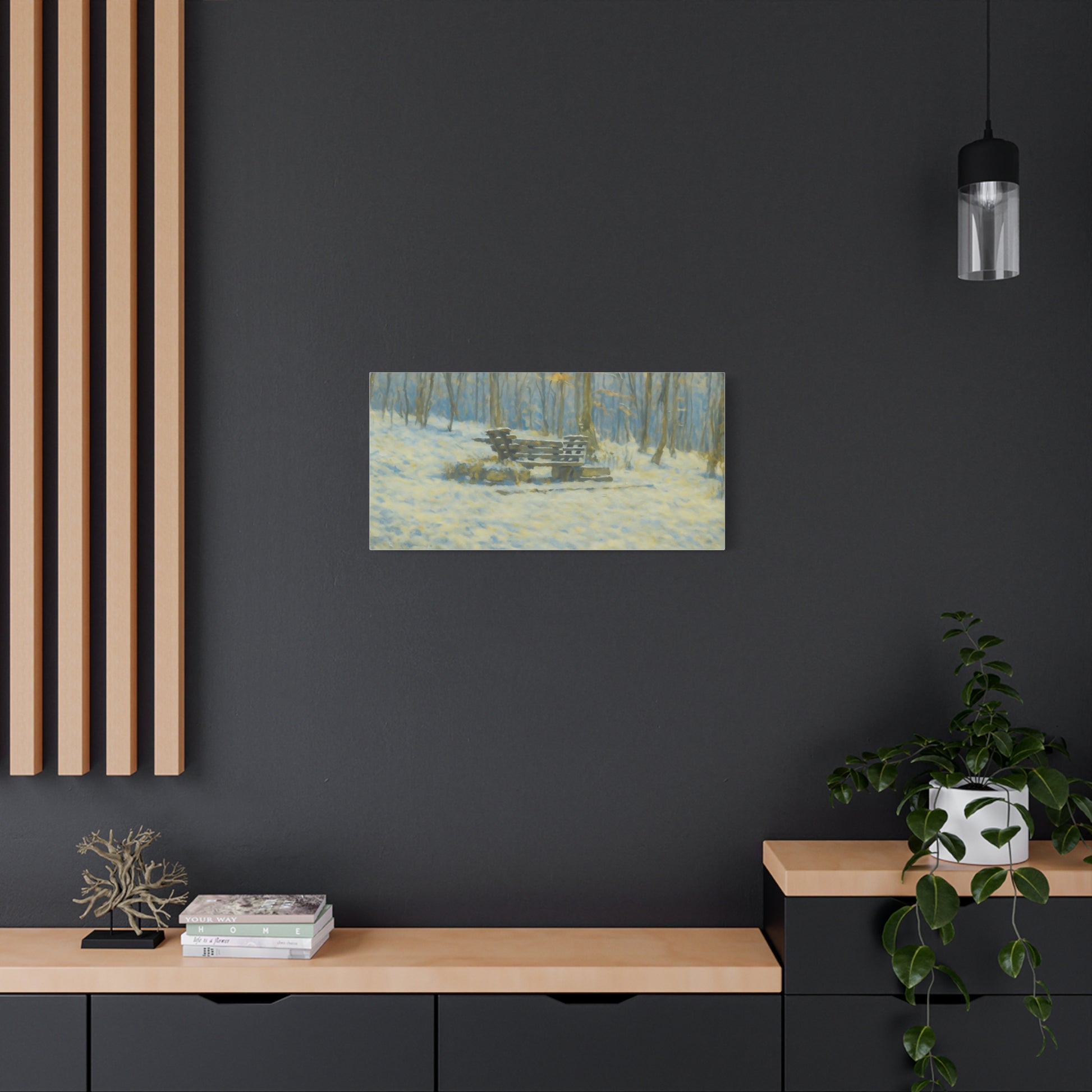 Snowy park bench matte canvas print featuring winter woodland scene, stretched 1.25 inches, by Printify.