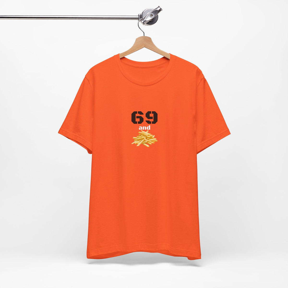 Unisex graphic T-shirt featuring a humorous 69 and French fries design, in a quirky style by Printify.