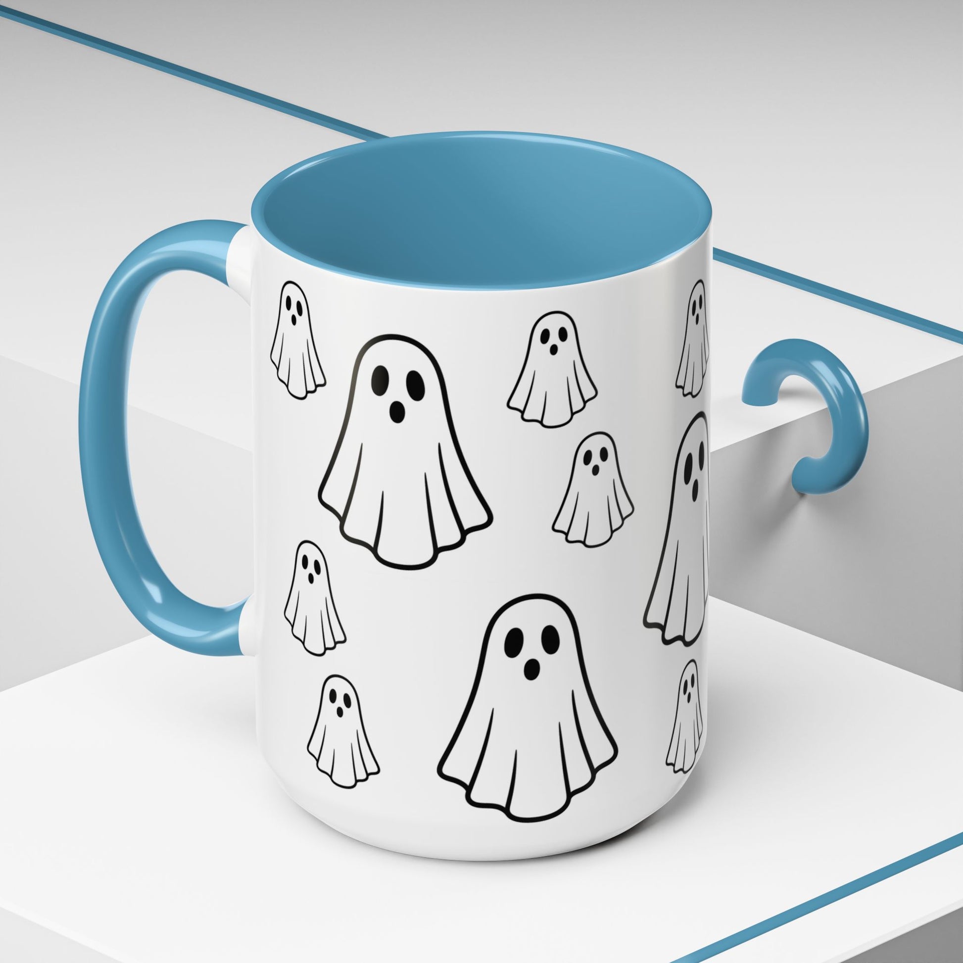 Printify ghost pattern ceramic coffee mug with cute Halloween ghost design, available in 11oz and 15oz sizes.