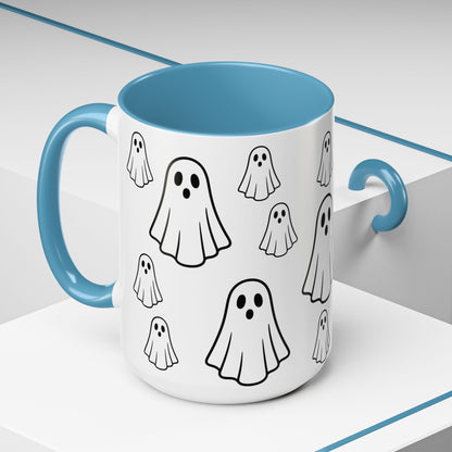 Printify ghost pattern ceramic coffee mug with cute Halloween ghost design, available in 11oz and 15oz sizes.