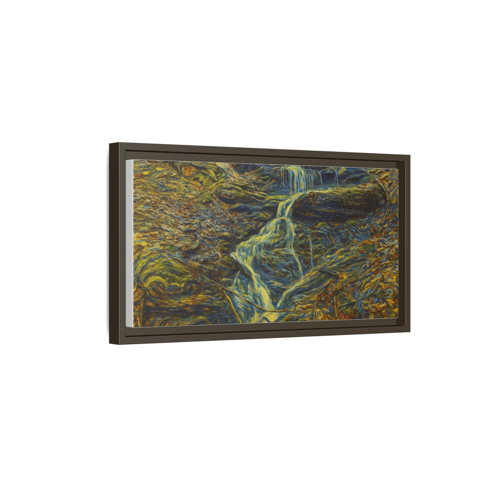 Framed matte canvas wall art featuring a scenic autumn forest with a waterfall, by Printify.