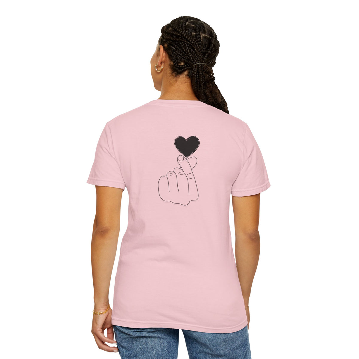 Black T-shirt with a minimal white finger heart graphic, featuring a simple heart design on the front.