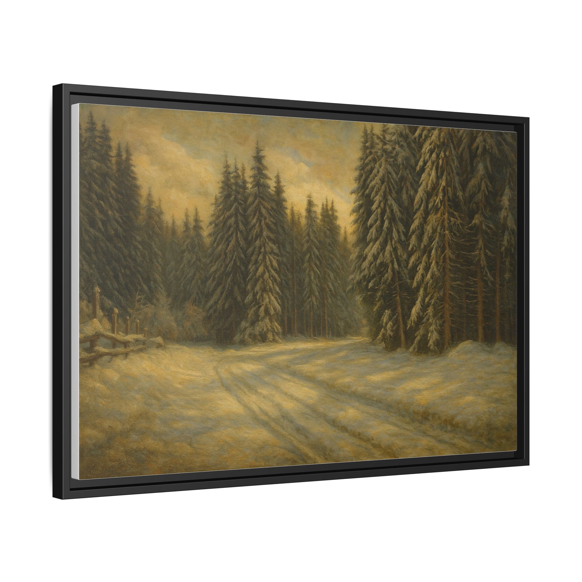 Framed matte canvas wall art featuring a winter forest landscape with snow-covered trees and serene natural scenery.