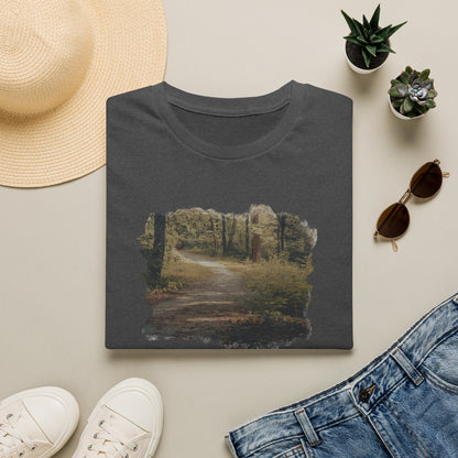 Vintage forest landscape T-shirt by Printify featuring a nature pathway scene on a classic cotton tee.