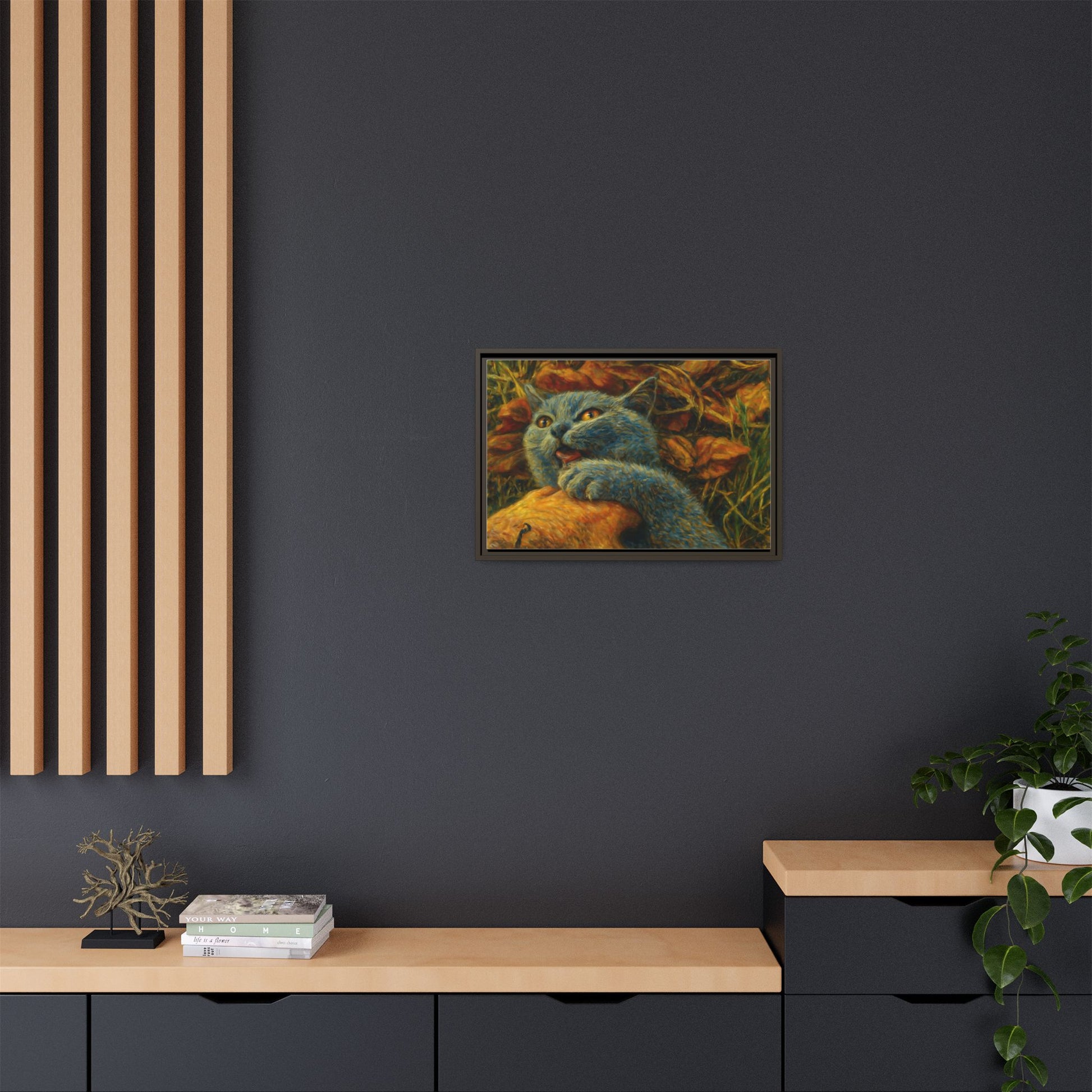 Blue cat canvas print featuring whimsical wall art, perfect gift for cat lovers, printed by Printify.