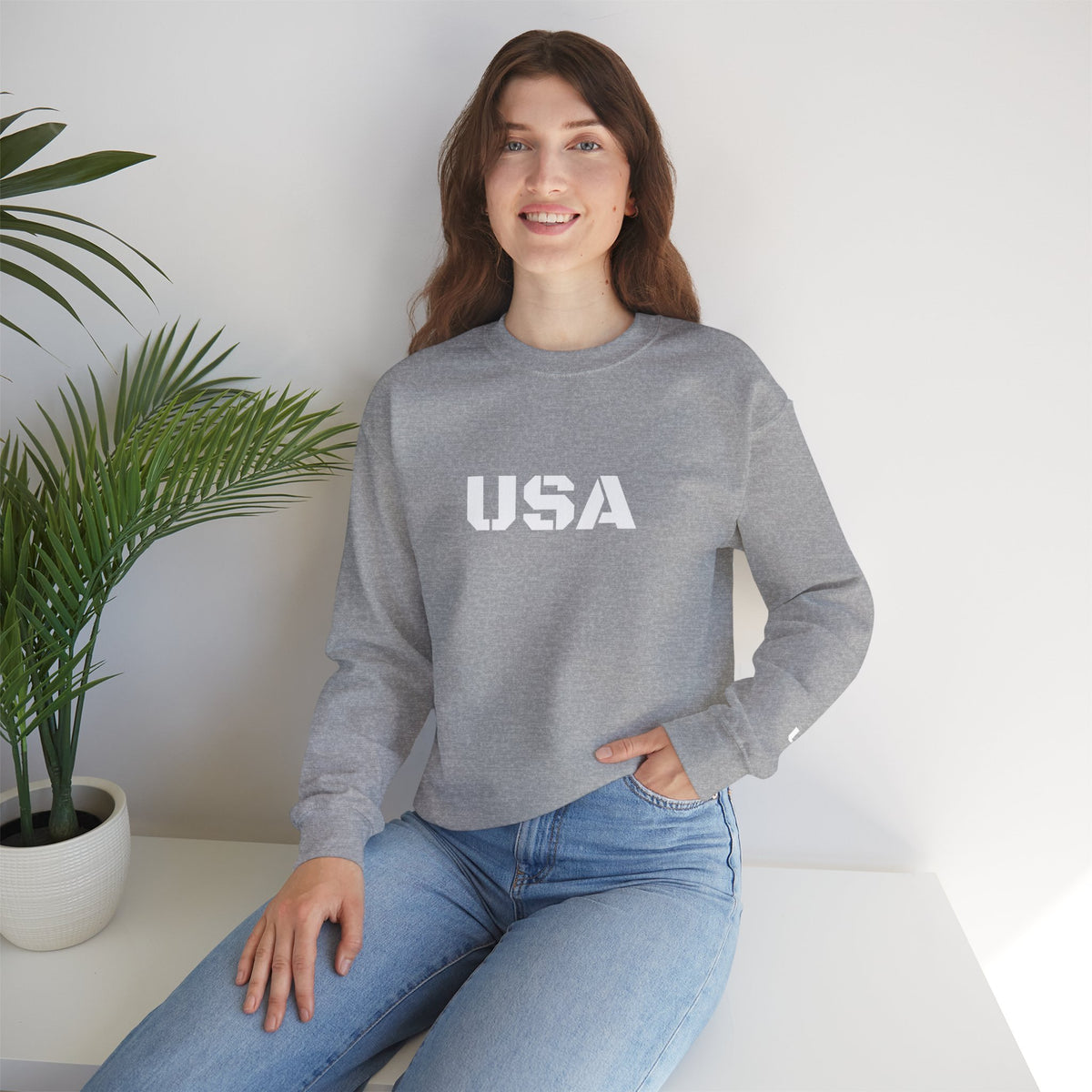 Printify USA crewneck sweatshirt featuring patriotic design, cozy fit, perfect for all seasons and casual wear.