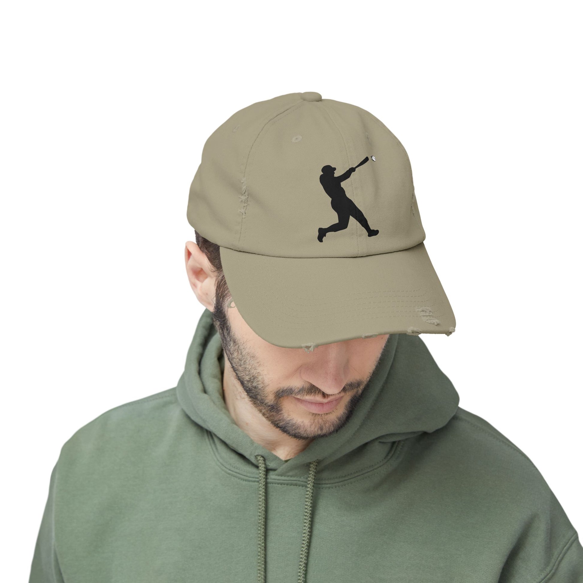 Distressed baseball cap with silhouette batter design, casual hat from Printify featuring a worn, vintage look.