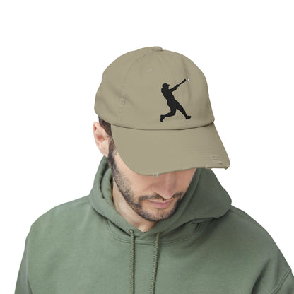 Distressed baseball cap with silhouette batter design, casual hat from Printify featuring a worn, vintage look.