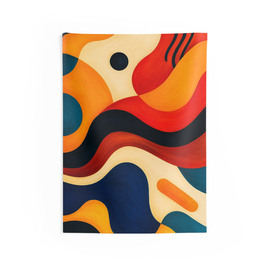 Colorful abstract retro wave tapestry featuring vibrant mid-century wall art design for living rooms, dorms, or offices.