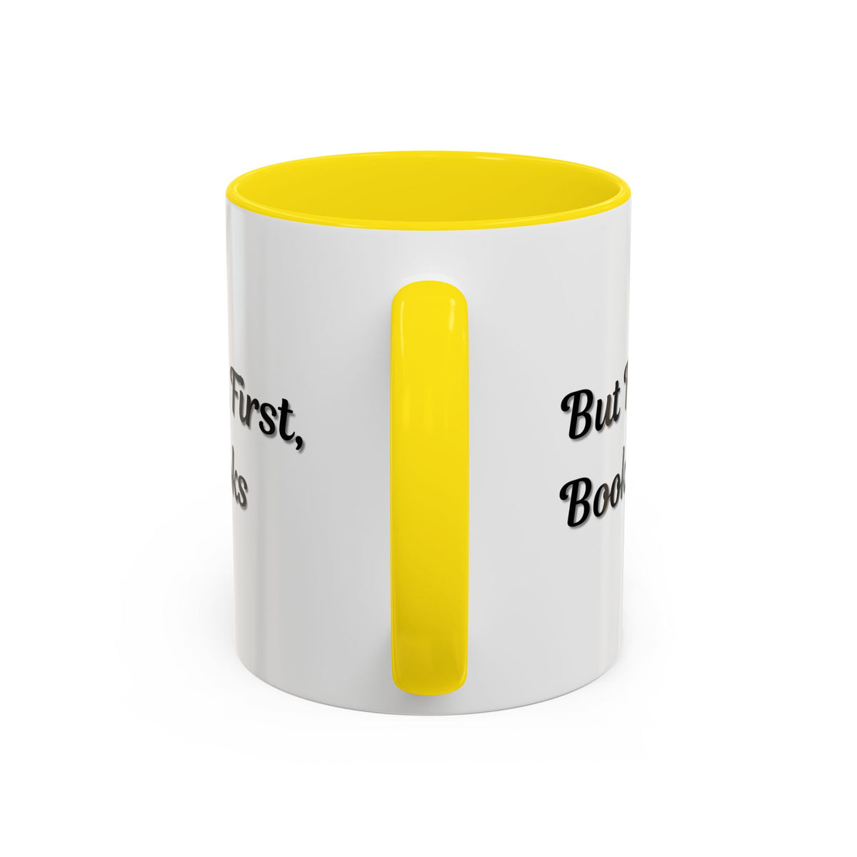 White ceramic coffee mug with "But First, Books" printed in black, ideal for book lovers, 11oz size.
