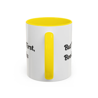 White ceramic coffee mug with "But First, Books" printed in black, ideal for book lovers, 11oz size.