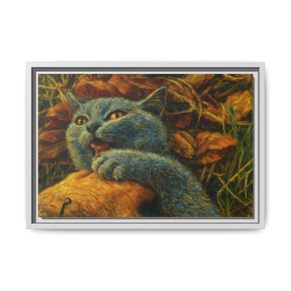 Blue cat canvas print featuring whimsical wall art, perfect gift for cat lovers, by Printify, suitable for home or office decor.