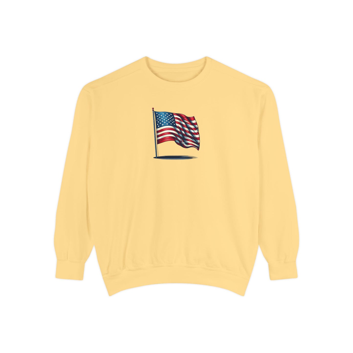 Patriotic Unisex Garment-Dyed Sweatshirt with Vintage American Flag, Cozy Fall Outfit, Statement Sweater, Gift for Veterans, Casual Fashion - TRV