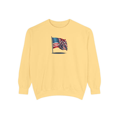 Patriotic Unisex Garment-Dyed Sweatshirt with Vintage American Flag, Cozy Fall Outfit, Statement Sweater, Gift for Veterans, Casual Fashion - TRV