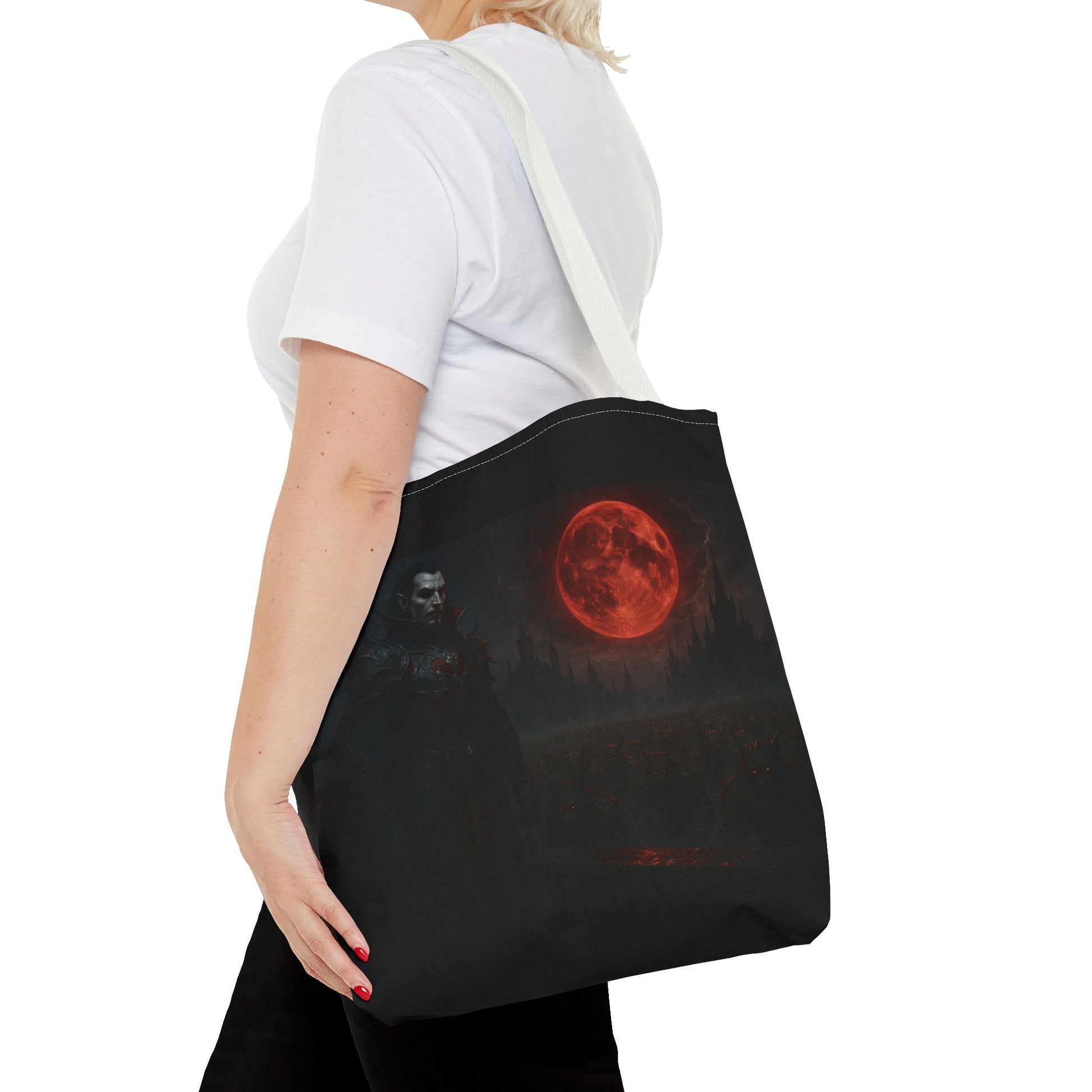 Gothic Dracula tote bag with moonlit vampire artwork, perfect Halloween gift, made by Printify.