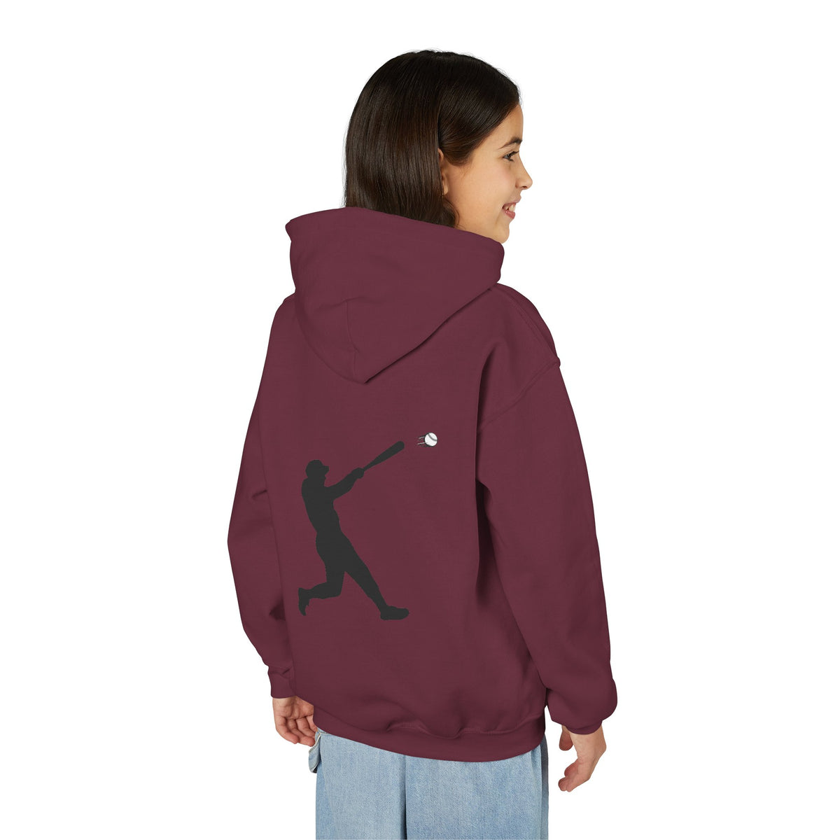 Youth baseball silhouette hoodie for kids featuring a baseball player design, made by Printify, casual pullover for young sports fans.