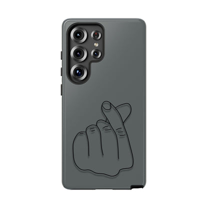 Silicone phone case with embossed Korean finger heart design, compatible with smartphones, by Printify.