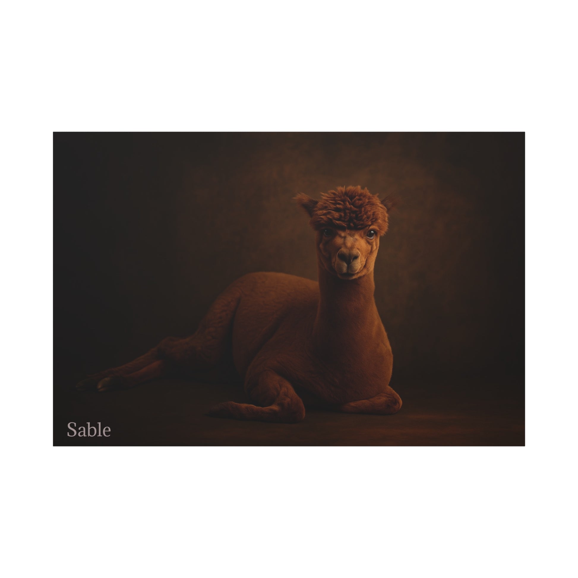 Alpaca portrait printed on matte canvas by Printify, featuring a detailed, realistic alpaca image with soft textures and natural colors.