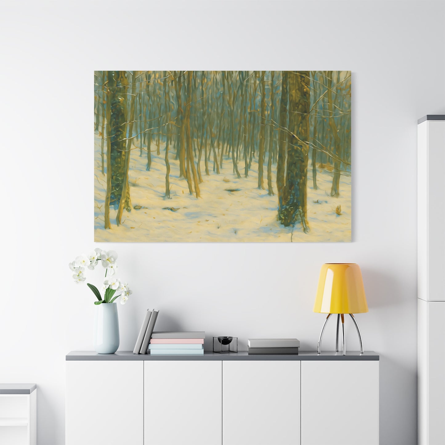 Stretched matte canvas print of a snowy winter forest scene, showcasing a tranquil winter landscape by Printify.