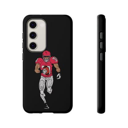 Black football player tough phone case for iPhone, protective sports-themed case by Printify with athletic design.