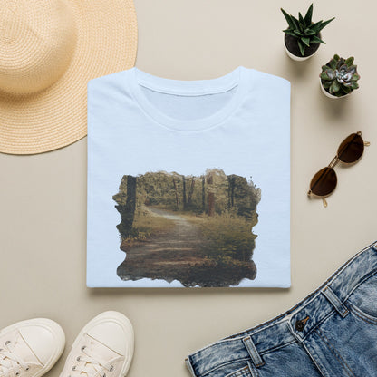 Vintage forest landscape T-shirt by Printify featuring a nature pathway scene on a casual cotton tee.