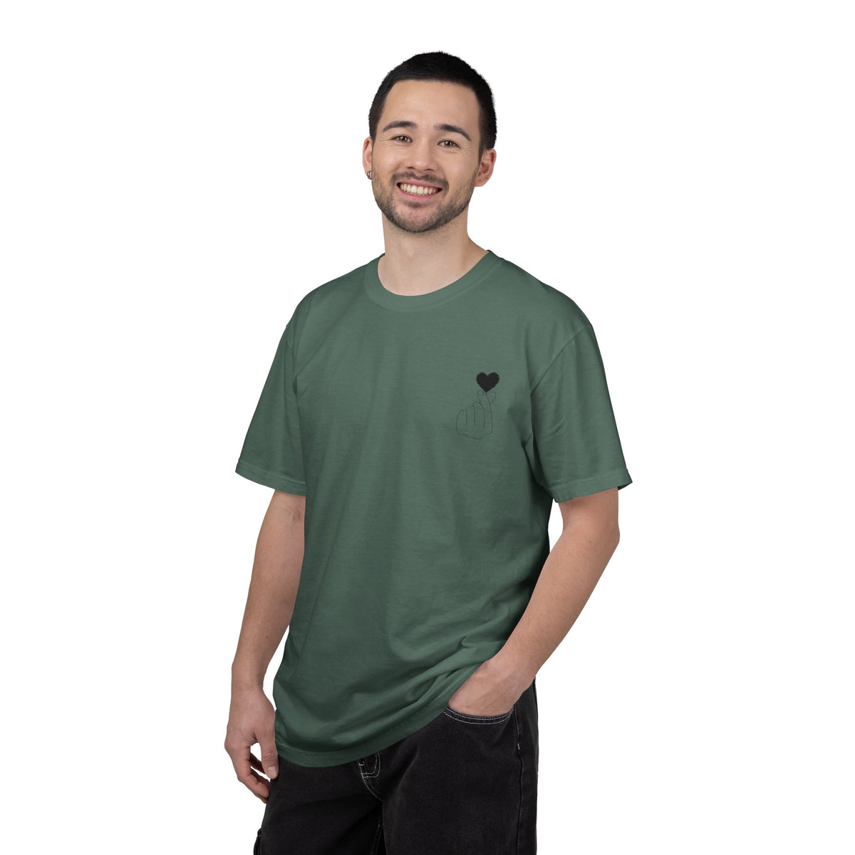 Black T-shirt with a minimal white finger heart graphic, designed by Printify, featuring a simple, stylish heart print on the front.