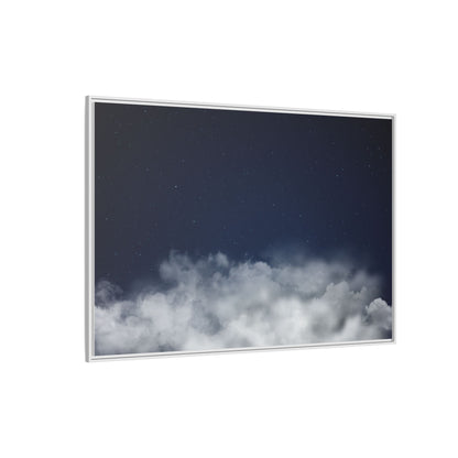 Framed canvas wall art featuring a night sky with clouds and stars, printed by Printify, ideal for celestial-themed decor.