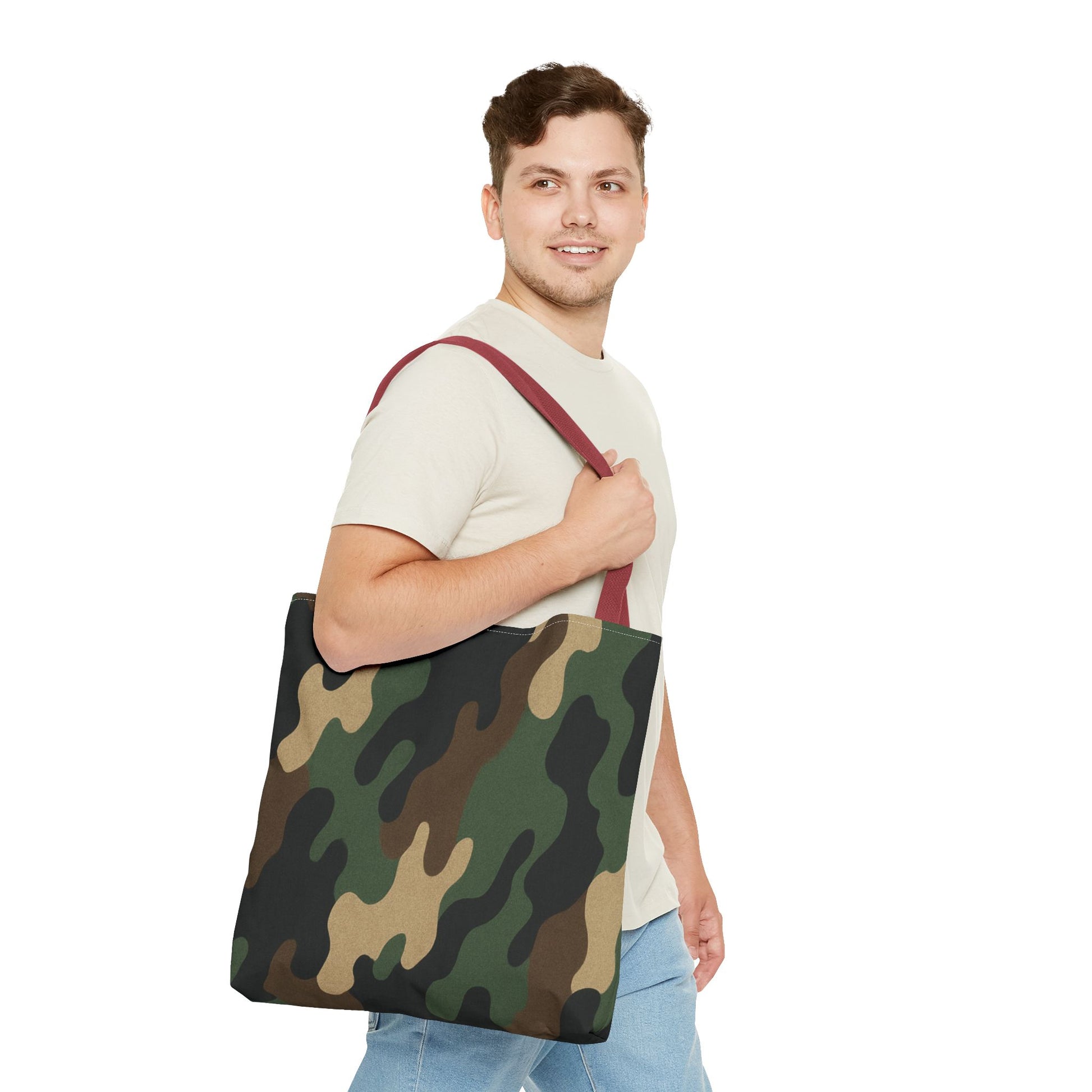 Camo pattern tote bag by Printify, all-over print canvas carryall with adjustable handles and spacious interior.