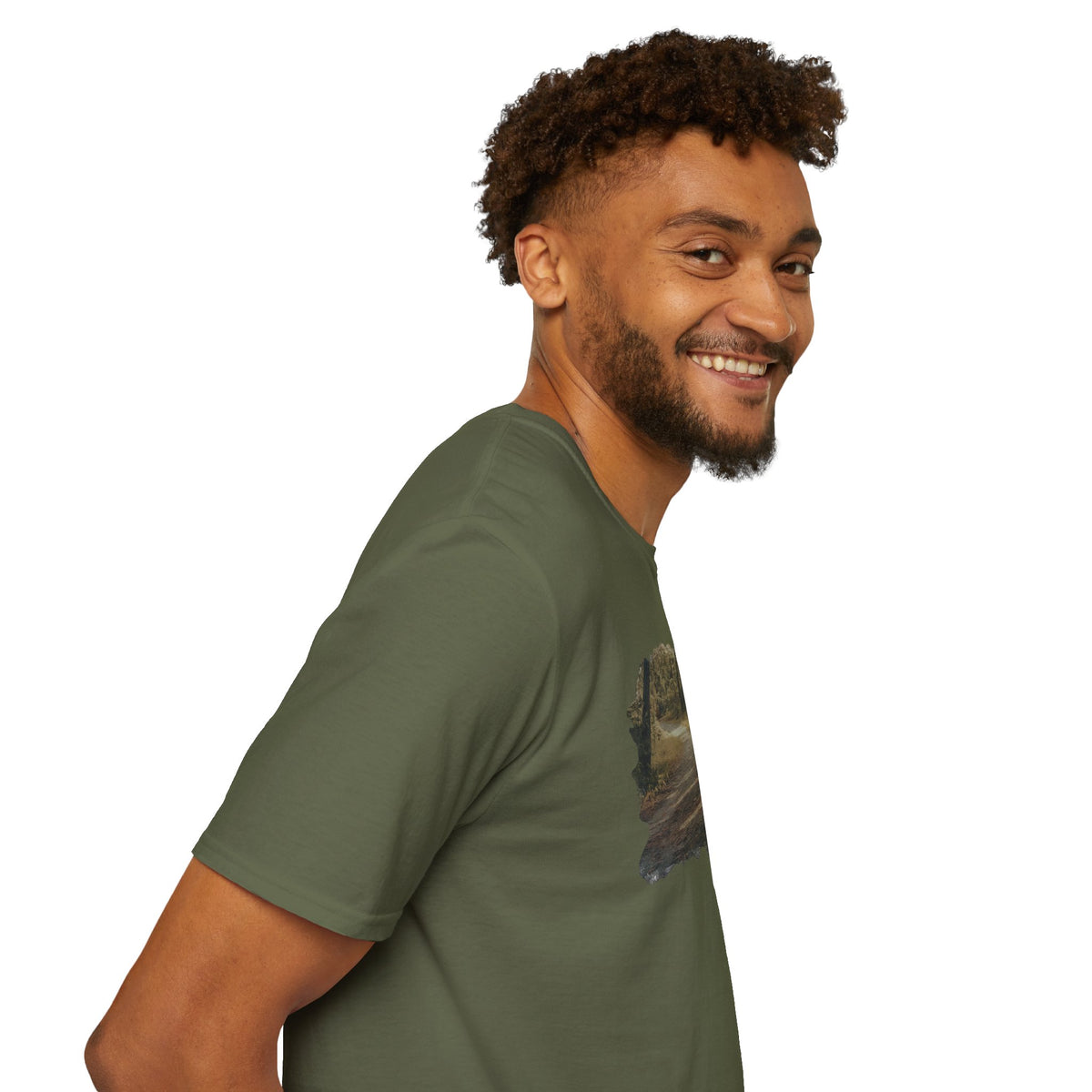 Vintage Forest Landscape T-Shirt featuring a nature pathway design, by Printify, showcasing detailed forest scenery on soft fabric.