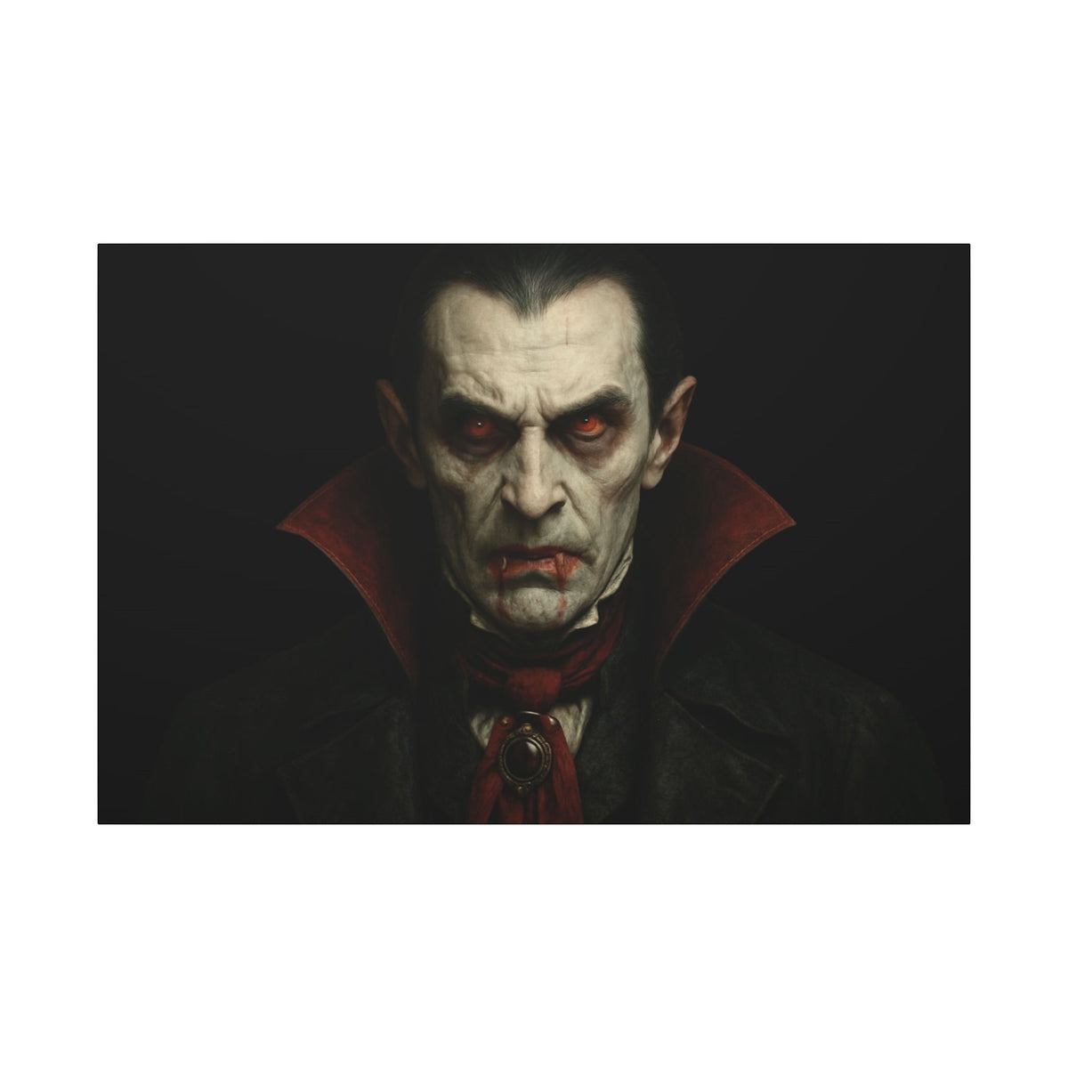 Gothic vampire portrait canvas print featuring Dracula, matte stretched wall art, ideal for gothic or horror-themed decor.