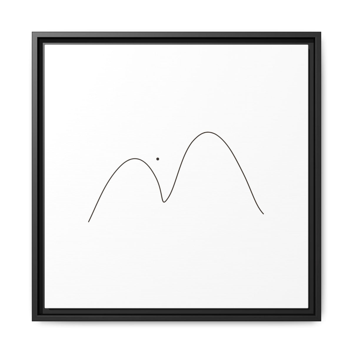 Minimalist mountain line art on framed matte canvas by Printify, showcasing simple black mountain peaks on a white background.